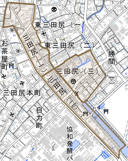 三田尻とその周辺の地図。町の範囲を重ねている