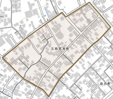 三田尻本町とその周辺の地図。町の範囲を重ねている