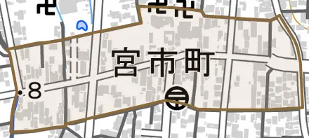 宮市町とその周辺の地図。町の範囲を重ねている