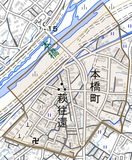 本橋町とその周辺の地図。町の範囲を重ねている