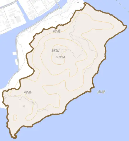 大字向島とその周辺の地図。町の範囲を重ねている