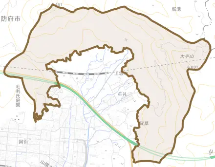 大字牟礼とその周辺の地図。町の範囲を重ねている