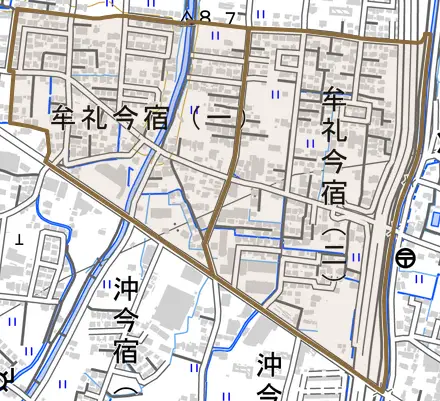 牟礼今宿とその周辺の地図。町の範囲を重ねている