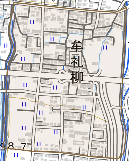 牟礼柳とその周辺の地図。町の範囲を重ねている