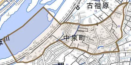 中泉町とその周辺の地図。町の範囲を重ねている
