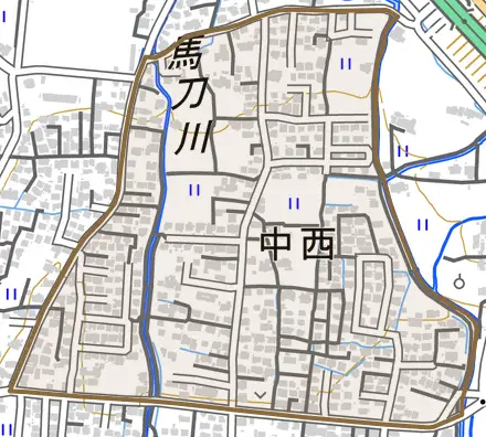 中西とその周辺の地図。町の範囲を重ねている