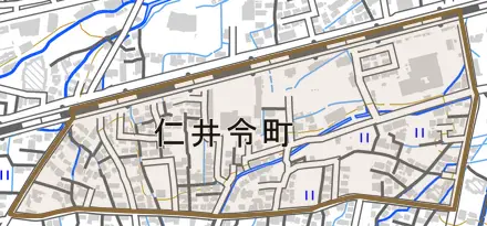 仁井令町とその周辺の地図。町の範囲を重ねている
