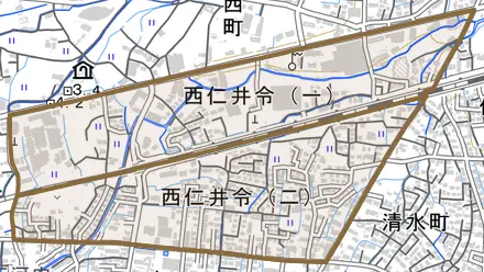 西仁井令とその周辺の地図。町の範囲を重ねている
