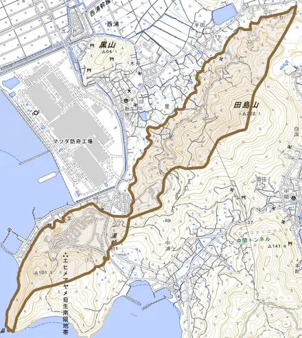 大字西浦とその周辺の地図。町の範囲を重ねている