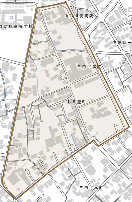 お茶屋町とその周辺の地図。町の範囲を重ねている