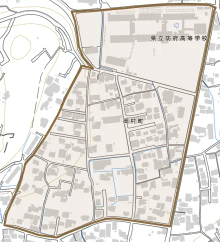 岡村町とその周辺の地図。町の範囲を重ねている