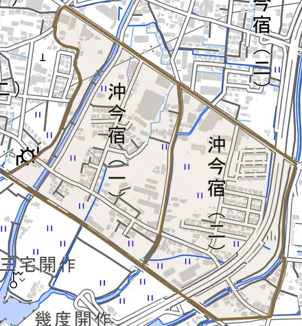 沖今宿とその周辺の地図。町の範囲を重ねている