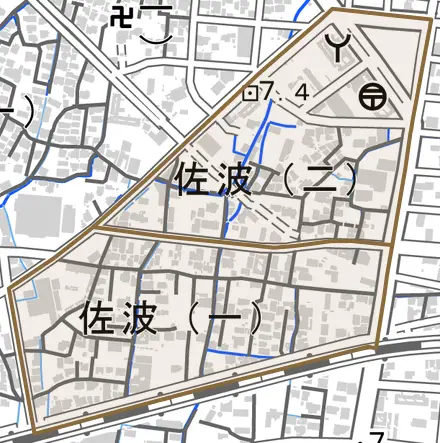 佐波とその周辺の地図。町の範囲を重ねている