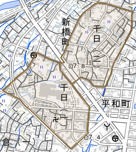 千日とその周辺の地図。町の範囲を重ねている