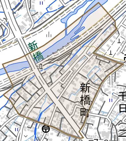 新橋町とその周辺の地図。町の範囲を重ねている