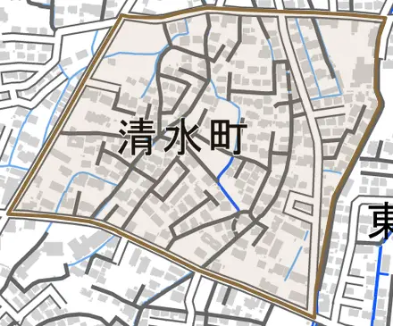 清水町とその周辺の地図。町の範囲を重ねている