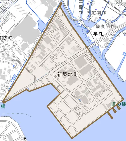 新築地町とその周辺の地図。町の範囲を重ねている
