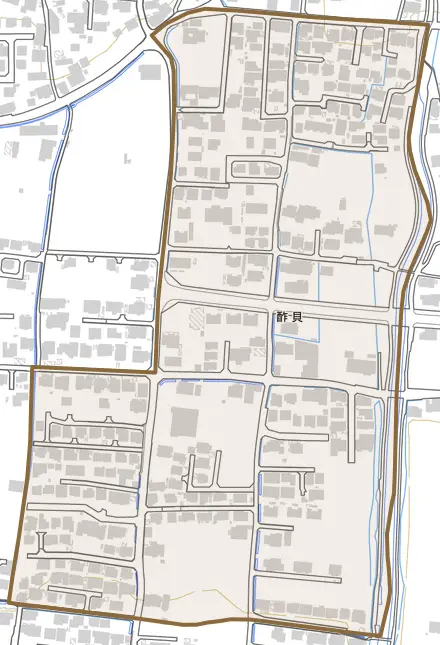 酢貝とその周辺の地図。町の範囲を重ねている