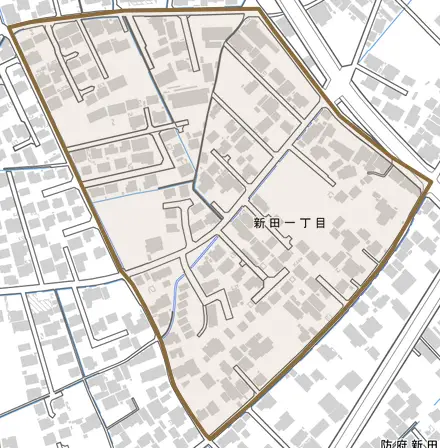 新田とその周辺の地図。町の範囲を重ねている