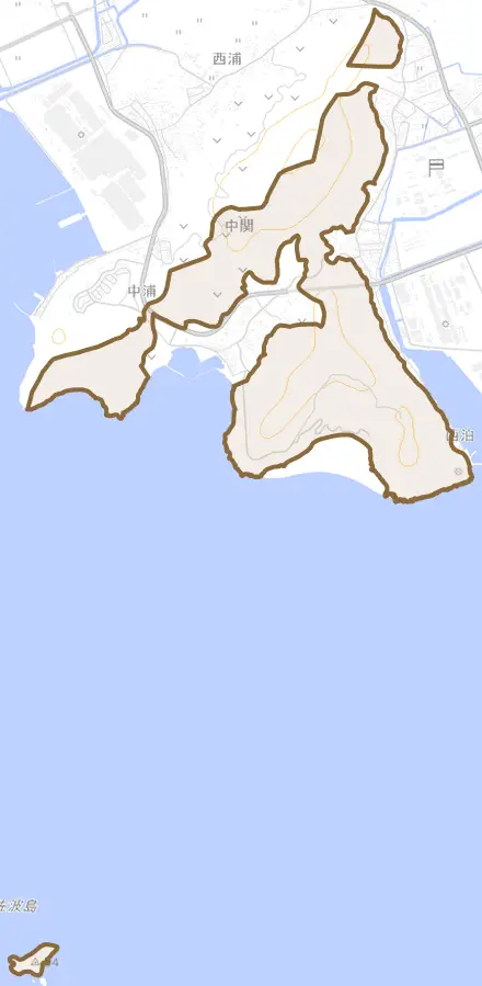 大字田島とその周辺の地図。町の範囲を重ねている