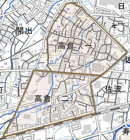 高倉とその周辺の地図。町の範囲を重ねている