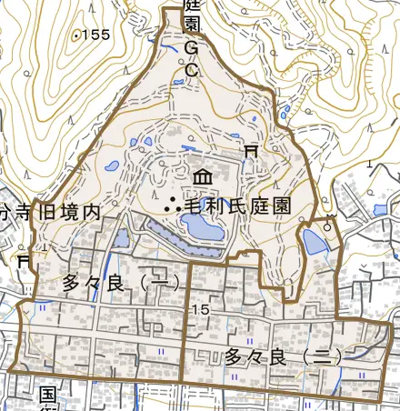 多々良とその周辺の地図。町の範囲を重ねている