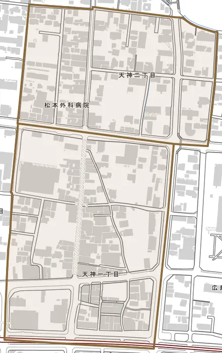 天神とその周辺の地図。町の範囲を重ねている