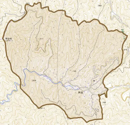 阿品とその周辺の地図。町の範囲を重ねている