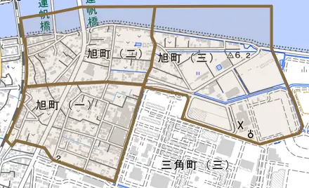 旭町とその周辺の地図。町の範囲を重ねている