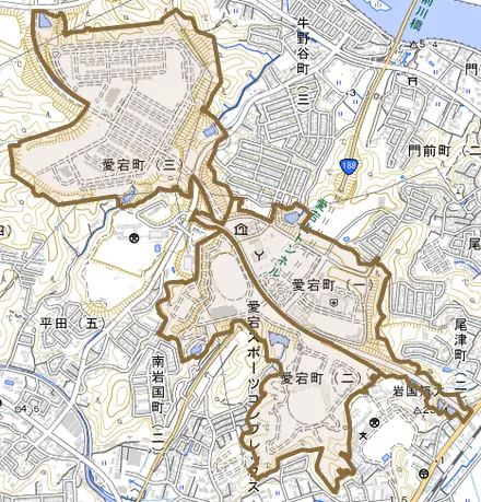 愛宕町とその周辺の地図。町の範囲を重ねている