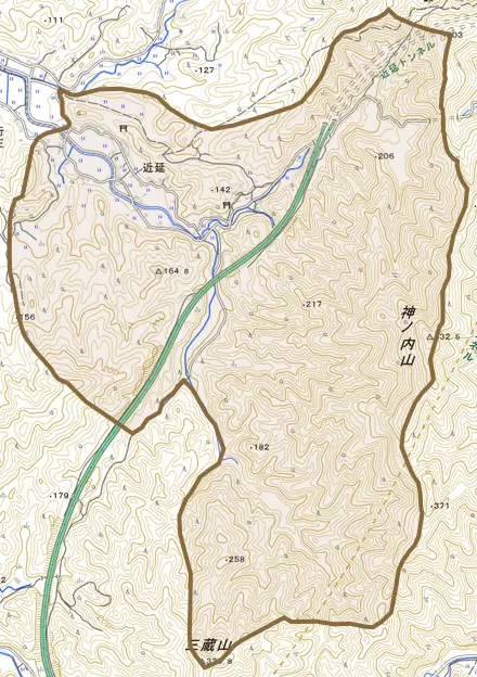 近延とその周辺の地図。町の範囲を重ねている