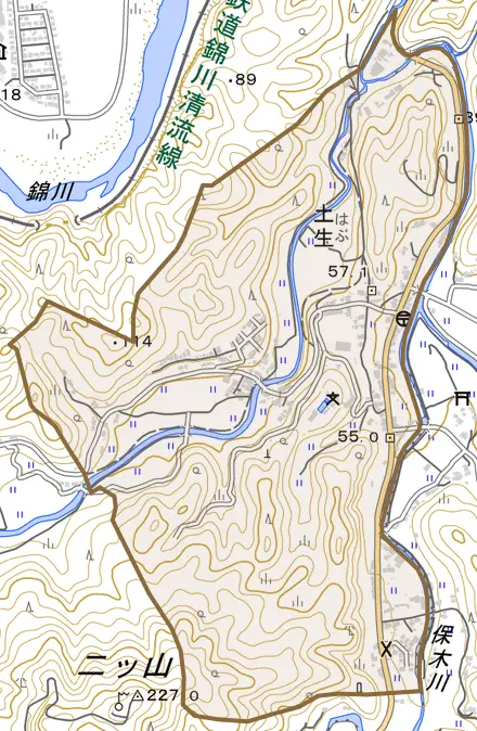 土生とその周辺の地図。町の範囲を重ねている