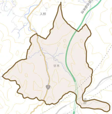廿木とその周辺の地図。町の範囲を重ねている
