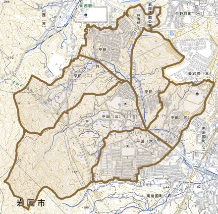 平田とその周辺の地図。町の範囲を重ねている