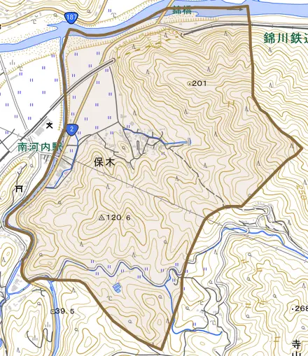 保木とその周辺の地図。町の範囲を重ねている