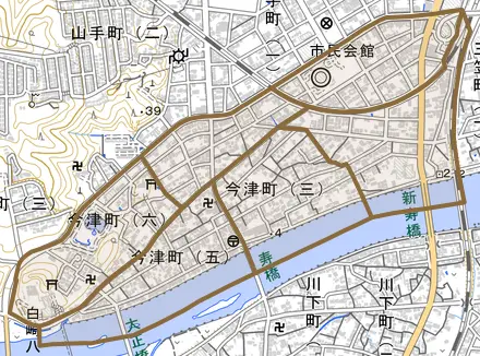 今津町とその周辺の地図。町の範囲を重ねている