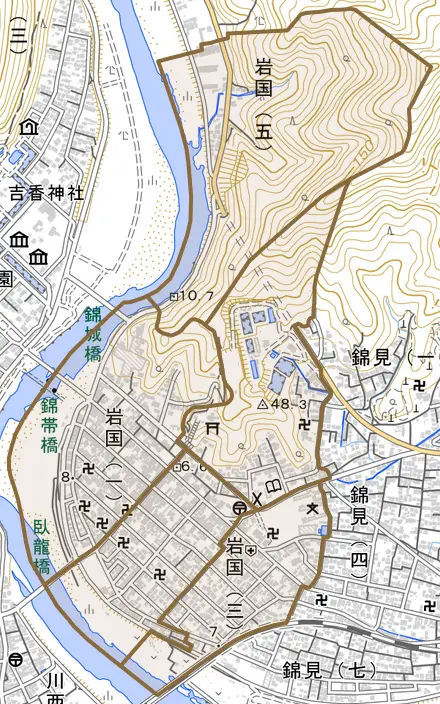 岩国とその周辺の地図。町の範囲を重ねている
