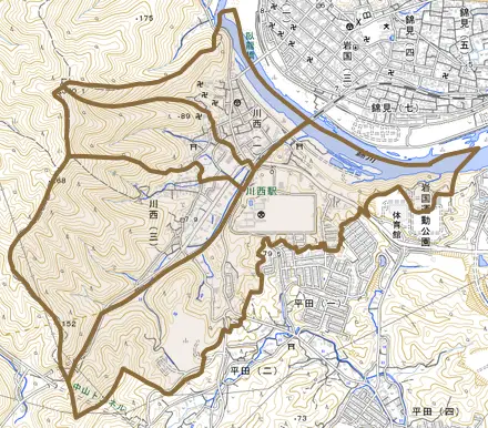 川西とその周辺の地図。町の範囲を重ねている