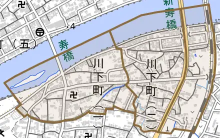 川下町とその周辺の地図。町の範囲を重ねている