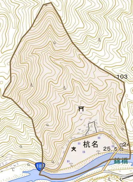 杭名とその周辺の地図。町の範囲を重ねている