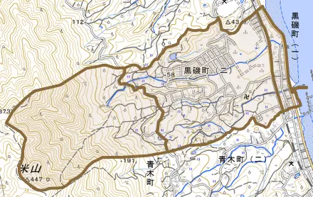 黒磯町とその周辺の地図。町の範囲を重ねている