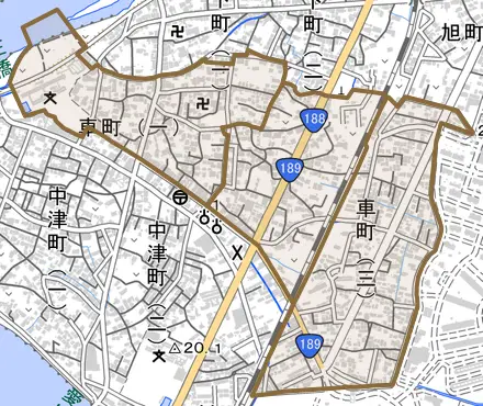 車町とその周辺の地図。町の範囲を重ねている