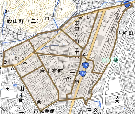 麻里布町とその周辺の地図。町の範囲を重ねている