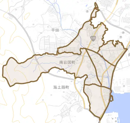 南岩国町とその周辺の地図。町の範囲を重ねている