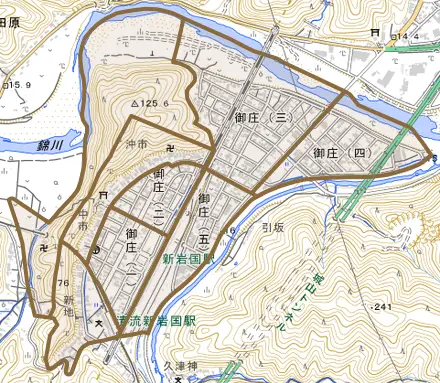 御庄とその周辺の地図。町の範囲を重ねている