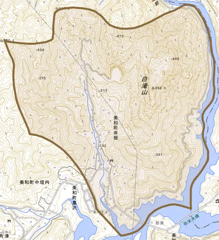 美和町岸根とその周辺の地図。町の範囲を重ねている