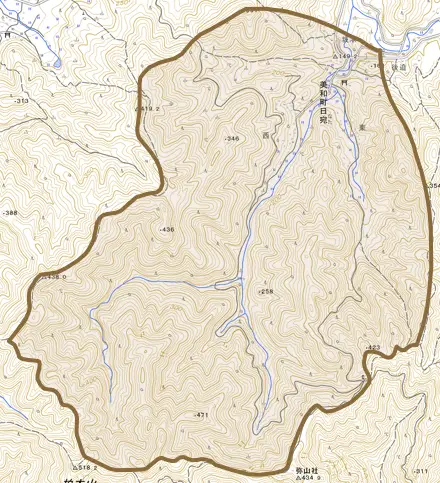 美和町日宛とその周辺の地図。町の範囲を重ねている