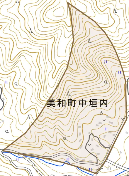 美和町中垣内とその周辺の地図。町の範囲を重ねている