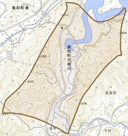 美和町大根川とその周辺の地図。町の範囲を重ねている