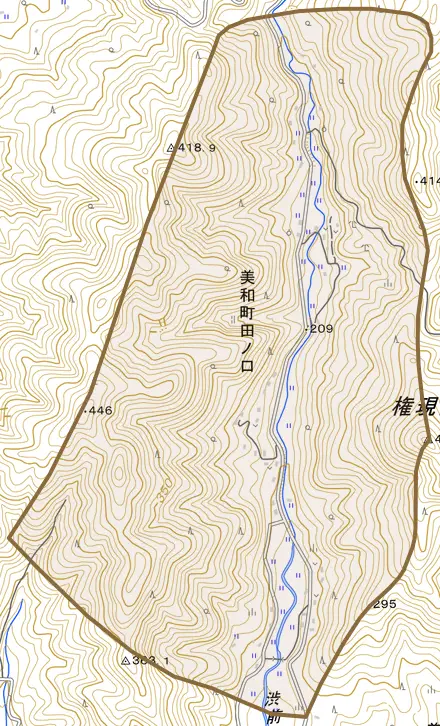 美和町田ノ口とその周辺の地図。町の範囲を重ねている